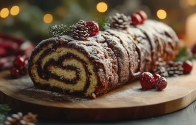 Fotografia mostra a sobremesa tronco natalino disposto sobre uma travessa de madeira, com textura de madeira feita na cobertura de creme de chocolate. O tronco está decorado com um leve toque de açúcar de confeiteiro que imita neve.