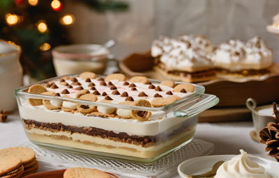 Foto da receita de pavê de natal, servido em uma travessa, em camadas de creme e biscoitos, servido em uma mesa decorada para o natal