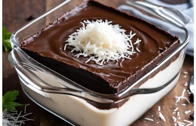 Fotografia de um recipinete quadrado de vidro com creme de coco e por cima, uma ganache de chocolate. Tem coco ralado decorando o chocolate, o recipinete está sobre uma mesa de madeira.