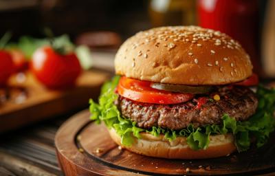 Fotografia em tons mais escuros de um hambúrguer com carne bovina, tomate, alface, pão com gergelim e cebola, e está sobre uma tábua de madeira. Ao fundo tem uma outra tábua de madeira com alguns tomates inteiros.