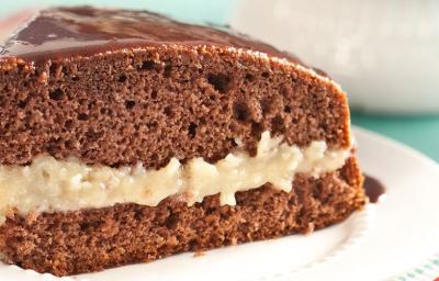 Fotografia em tons de branco, marrom e azul. Um prato branco contém uma fatia de bolo de chocolate com recheio de coco.