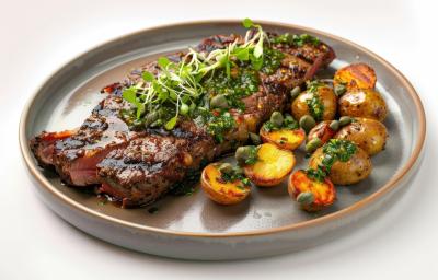 Fotografia de uma peça grande de fraldinha ao lado de algumas batatas bolinha assadas e cortadas pela metade com salsinha. Por cima da carne tem salsinha e broto de feijão, e está dentro de um prato raso grande de vidro de tom verde.