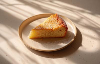 Fotografia de um pedaço de bolo de mel polvilhado com açúcar de confeiteiro, que está sob a luz do sol, apoiado em um prato na cor bege. O bolo está sobre uma mesa branca.