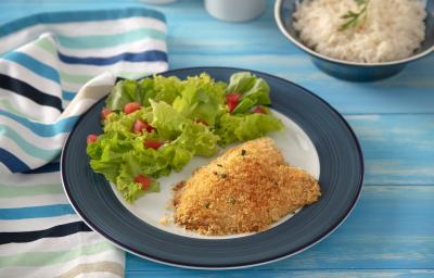 Foto da receita de Filé de Tilápia Copacol com Crosta de Parmesão, vista de cima, em um prato redondo servido com salada, em uma bancada azul com talheresl