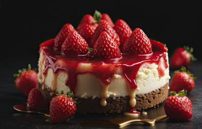 Fotografia de uma torta de caramelo com frutas vermelhas e morangos. Ao lado da torta tem vários morangos espalhados.