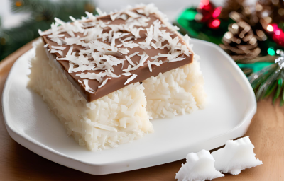 Foto da receita de prestígio na travessa, servido em fatia com uma camada de creme de coco coberta com ganache de chocolate e decorado com coco ralado, sobre uma mesa decorada para o natal