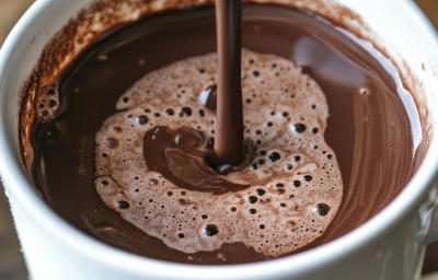 Fotografia de uma xícara branca com chocolate quente, sobre uma mesa de madeira.