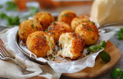 Fotografia em tons de branco com uma panelinha prateada ao centro. Em cima da panela existe 8 bolinhos de arroz feitos de risoto chamados "arancini" feitos na air fryer e recheados com queijo mussarela