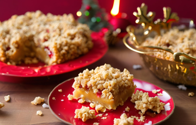 Receita de Cuca Natalina da Vó Rosa, tradicional e deliciosa, feita com uma massa à base de nata e farinha, com frutas cristalizadas e finalizada com uma farofa doce crocante, servida em uma mesa de natal sobre um prato vermelho