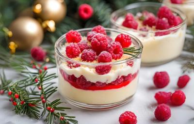 Fotografia de um recipiente de vidro com creme branco com camada de gelatina de framboesa e framboesas por cima. No fundo tem um recipiente de vidro com a mesma sobremesa, sobre uma mesa branca com algumas framboesas distribuídas.