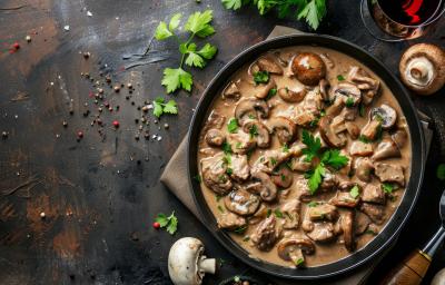 Fotografia vista de cima de uma frigideira de ferro com o molho madeira com champignon. Por cima tem algumas folhas de salsinha. A frigideira está sobre um pano marrom que está apoiado em uma mesa de madeira, com grãos de pimenta e folhas de salsinha