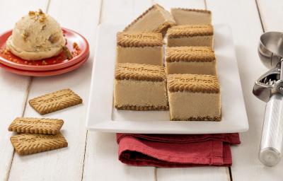 Fotografia de sete minisanduíches de sorvete de tostines sobre um prato retangular branco. Ao lado tem dois minis pratinhos vermelhos com uma bola de sorvete de tostines. Próximo ao prato tem três biscoitos tostines.