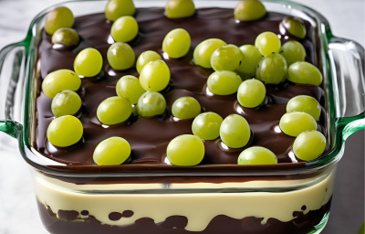 A fotografia mostra um refratário com camadas de uvas verdes sem sementes, cobertas por um creme branco espesso e finalizadas com uma ganache de chocolate ao leite brilhante.