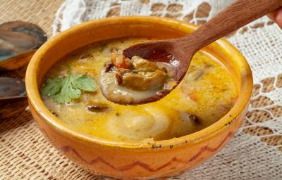 Foto da receita de Sururu ao Leite de Coco. Observa-se uma tigela amarela com a receita bem cremosa e uma colher de pau está mostrando o sururu