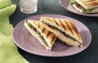 Foto da receita de Panini de Peito de Peru e Queijo Brie. Observa-se um sanduíche cortado na metade sobre um prato de sobremesa lilás recheado.