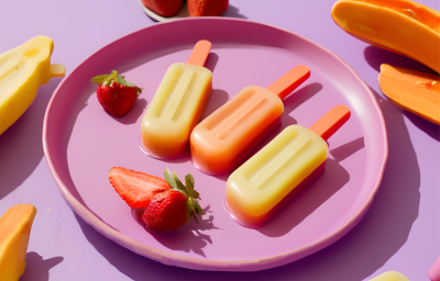 Fotografia em tons de roxo com três picoles de fruta ao centro, dois de cor amarela e um laranja. Ao fundo existe pedaços de morango e mamão.