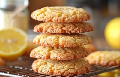 Fotografia de cinco cookies de limão empilhados, sobre uma grade. No fundo tem alguns limões e mais cookies do mesmo sabor.