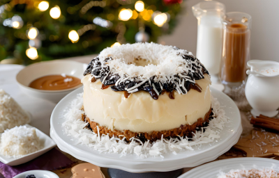 Bolo de Doce de Leite com Ameixa, servido em uma mesa natalina e decorado com ameixa, coco ralado e doce de leite