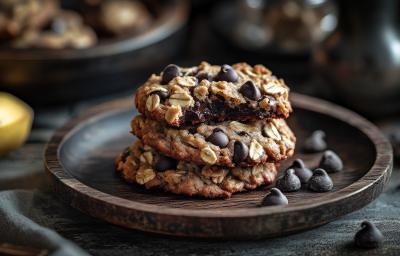 Fotografia de três unidades de cookies de banana com aveia e chocolate dentro de um recipiente raso, junto com gotas de chocolate, de cor marrom escuro. Ao lado do recipiente tem duas bananas inteiras.