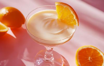 Fotografia de uma taça pequena com uma mousse de laranja e chocolate branco.  Na borda da taça tem um pedaço de laranja, a taça está sobre uma mesa branca com sombras de outras laranjas que estão na mesa.