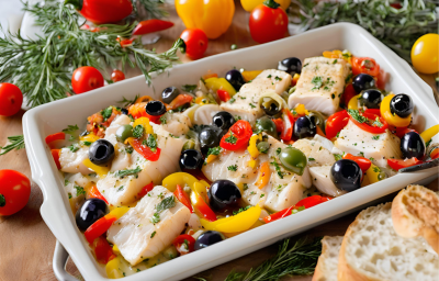 Receita de Aperitivo Natalino de Bacalhau, feito com bacalhau em pedaços, pimentões, azeitonas, servido em uma mesa de natal toda decorada Receita de Aperitivo Natalino de Bacalhau, feito com bacalhau em pedaços, pimentões, azeitonas, servido em uma mesa de natal toda decorada