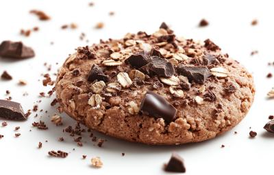 Fotografia de um cookie tradicional integral com castanha, aveia e pedaços de chocolate por cima e espalhado ao redor. O cookie está sobre uma mesa branca.