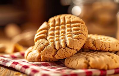 Fotografia de vários cookies de pasta de amendoim juntos sobre um pano vermelho e branco quadriculado. Ao fundo tem alguns amendoins sobre uma mesa de madeira.