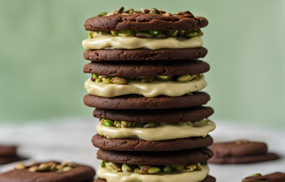 Fotografia mostra uma pilha de cookies de chocolates recheados com um creme esverdeado e pistache.