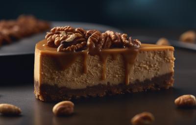 Fotografia mostra uma fatia de cheesecake com camadas de base biscoito, recheio de chocolate e cobertura de caramelo salgado brilhante, decorada com castanhas caramelizadas.