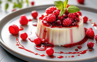 Foto da receita de manjar ao vinho com frutas vermelhas servida em um prato cinza escuro com frutas vermelhas e calda dispostas ao redor do prato