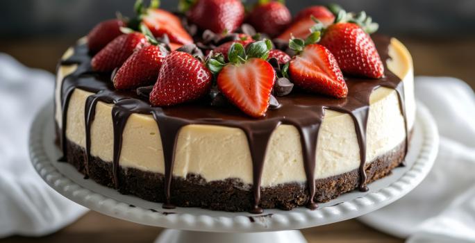 Fotograifa mostra uma torta de três camadas, com base escura de biscoito NEGRESCO, recheio cremoso de morango e cobertura brilhante de ganache de chocolate, decorada com morangos frescos e raspas de chocolate.