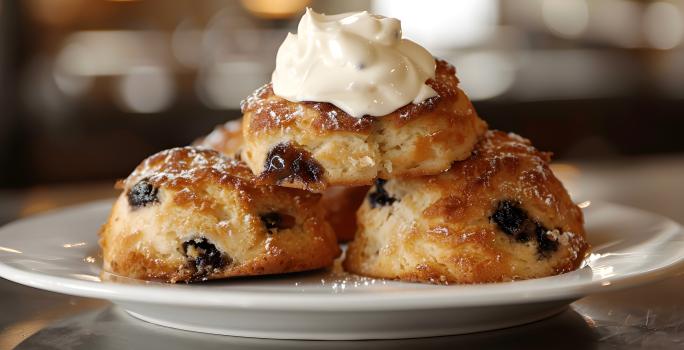 Fotografia em tons de marrom claro com um prato branco com  centro. Em cima do prato existe 4 scones cobertos com um creme branco de limão. Cada scone está polvilhado com açúcar de confeiteiro