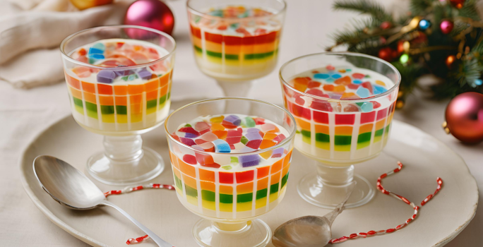 Receita de Gelatina Arco-Íris de Natal, tradicional e colorida, feita com gelatinas diferentes, Leite MOÇA e NESTLÉ Creme de Leite, servida em taças transparentes em uma mesa decorada para o natal