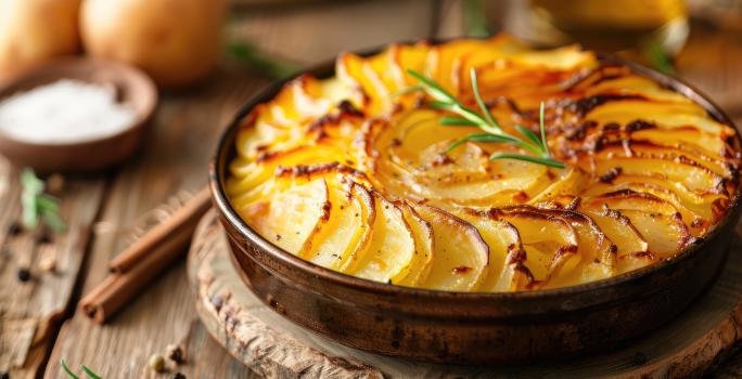 Fotografia de uma travessa redonda com batatas em fatias gratinadas no forno, sobre um apoio de madeira, também apoiado em uma mesa de madeira.