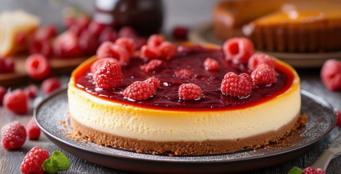 Fotografia em tons de vermelho com um prato preto recondo ao centro. Em cima do prato existe uma receita de cheesecake coberto com uma calda de frutas vermelhas e várias amoras.