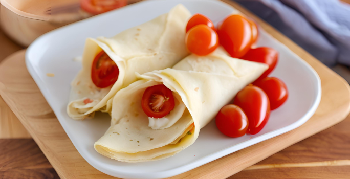 Fotografia em tons de bege e azul com um prato branco ao centro. Dentro do prato existe dois enrolados de crepe recheados com creme de palmito com NINHO Primeira Infância e tomates cereja.