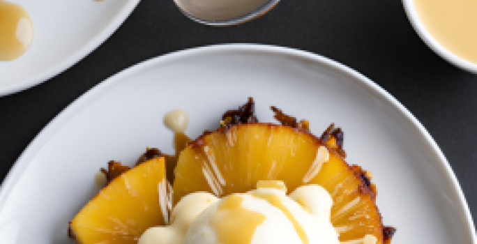 Fotografia vista de cima de fatias de abacaxi caramelizado com uma bola de sorvete de creme e chocolate branco derretido, sobre um prato branco. Ao lado tem outro prato com a mesma sobremesa e pote pequeno branco com galak derretido.