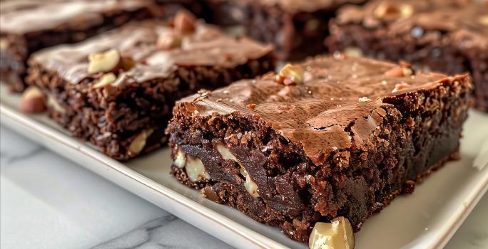 Fotografia de vários pedaços de brownie com castanha com avelã sobre um apoio retangular branco, o qual está apoiado em uma mesa branca de mármore.