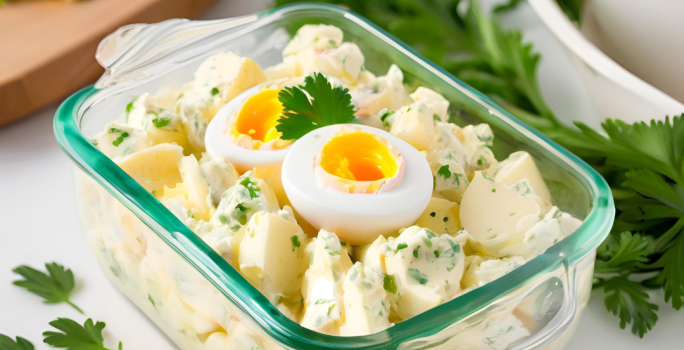 Foto da receita de batatonese de bacon servida em um refratário de vidro com batatas, maioneses, ovo cozido e cheiro verde, sobre uma mesa branca com folhas de cheiro verde como decoração