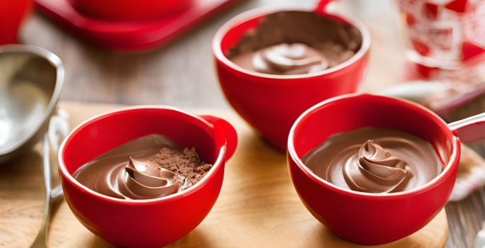 Fotografia em tons de vermelho com três potes vermelhos ao centro. Dentro de cada pote existe uma mousse de chocolate cremosa feita com NINHO Primeira Infância