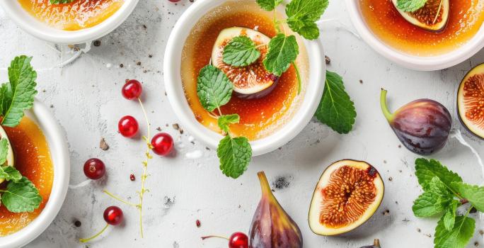 Fotografia vista de cima em tons claros de quatro recipientes brancos fundos com uma sobremesa de figos frescos flambados, com NESTLÉ Creme de Leite. Por cima das sobremesas tem metade de um figo e hortelã, ao redor tem figos, hortelã e cerejas.