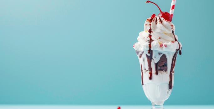 Fotografia de uma taça de vidro grande com soorvete de chocolate com chantilly e cerejas. O fundo da foto tem cor verde água.