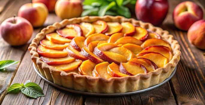 Fotografia de uma torta inteira de pêssego com fatias da fruta decorando todo o superior da sobremesa. A torta está sobre um apoio, o qual está sobre uma mesa de madeira, e ao redor tem várias maçãs e pêssegos inteiros.