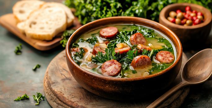 Fotografia de um recipiente fundo com caldo de aipim mais líquido com couve e calabresa. Ao lado tem uma colher de madeira, sobre uma tábua redonda de madeira.