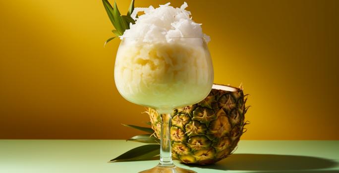 Fotografia de uma taça grande de vidro com gelado de abacaxi e coco, com lascas de coco por cima. A taça está perto de metade de um abacaxi cortado.