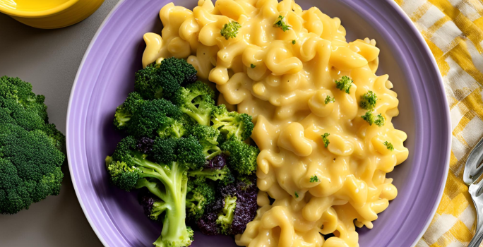 Fotografia em tons de roxo e amarelo com um prato roxo ao centro. Dentro do prato existe uma receita de Mac'n Cheese com brócolis.