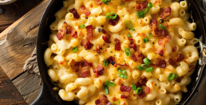 Fotografia vista de cima de macarrrão com queijo e bacon dentro de uma penela preta, sobre uma tábua de madeira.