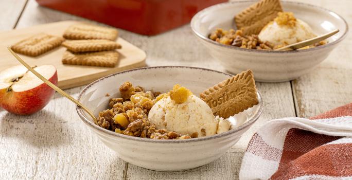 Fotografia em tons de marrom claro com um prato fundo ao centro. Dentro do prato existe um crumble feito com biscoito TOSTINES com maçã acompanhado de sorvete de creme.