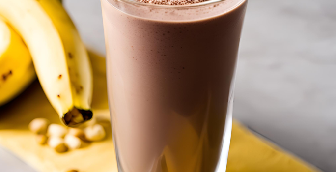 Fotografia em tons de amarelo com um copo de vidro ao centro. Dentro do copo existe uma receita de frapê de cacau, amendoim e banana. Ao fundo existe duas bananas.