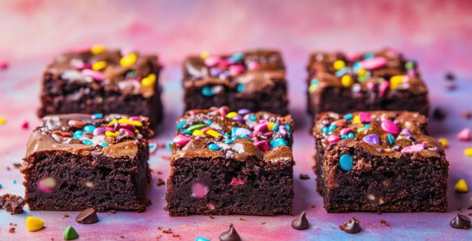 Fotografia de seis pedaços de brownie com confeitos coloridos sobre uma mesa colorida de tom rosa e roxo.